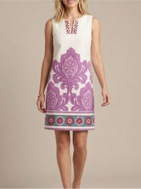 Laundry By Shelli Segal White Mini Dress with Lavender Damask and Teal Border